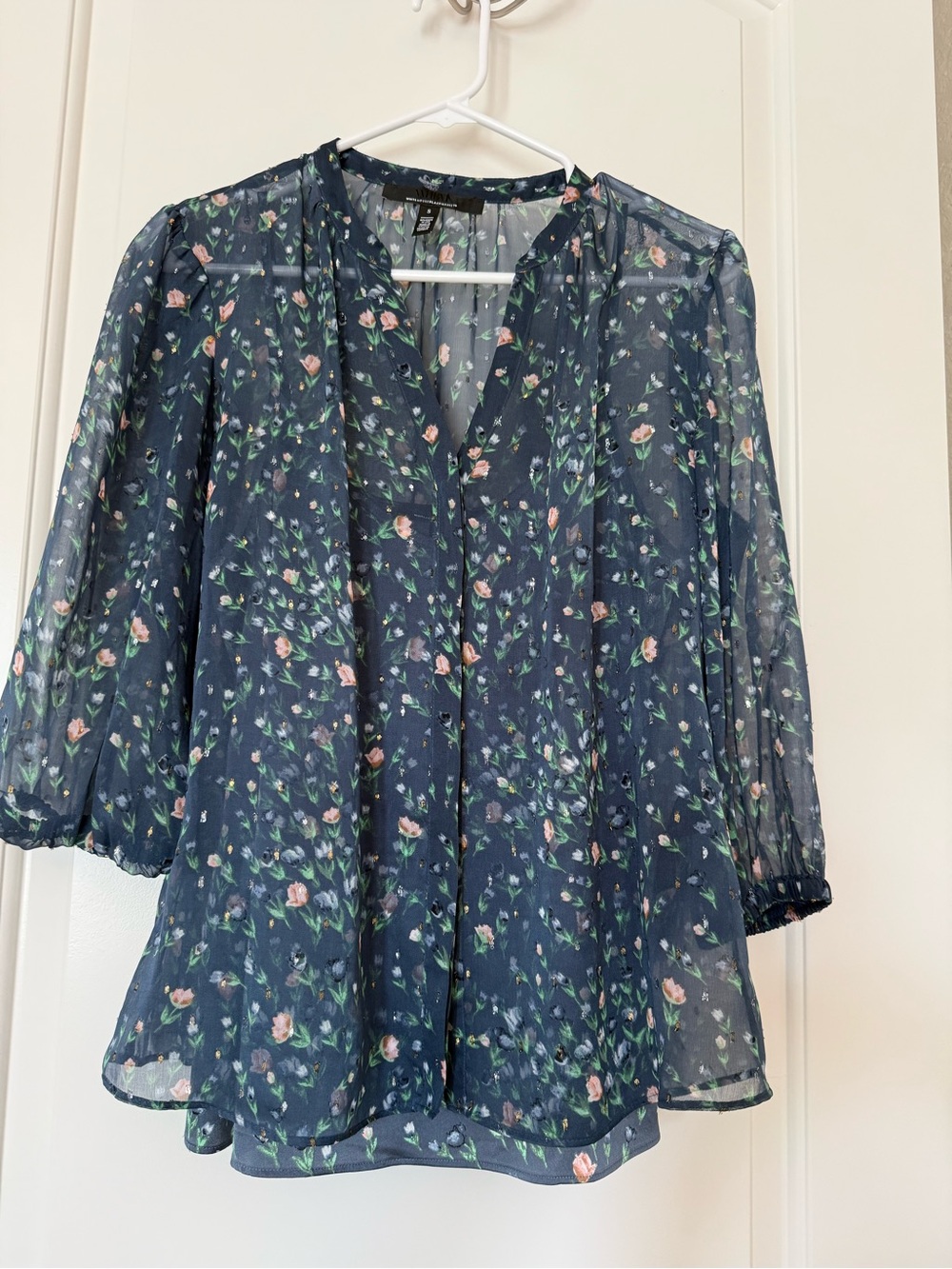 White House Black Market Navy Floral Sheer Blouse with Pink Blossoms